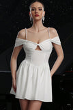 White A Line Satin Cold Shoulder Mini Prom Dress with Keyhole
