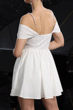 White A Line Satin Cold Shoulder Mini Prom Dress with Keyhole