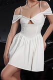 White A Line Satin Cold Shoulder Mini Prom Dress with Keyhole