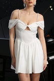 White A Line Satin Cold Shoulder Mini Prom Dress with Keyhole