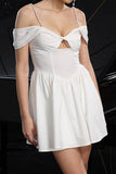 White A Line Satin Cold Shoulder Mini Prom Dress with Keyhole