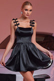Black A Line Satin Mini Prom Dress with Bows