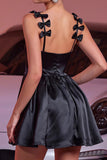 Black A Line Satin Mini Prom Dress with Bows