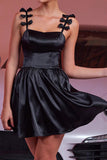 Black A Line Satin Mini Prom Dress with Bows