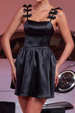 Black A Line Satin Mini Prom Dress with Bows