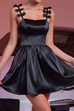 Black A Line Satin Mini Prom Dress with Bows