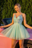 Sparkly Green A Line Tulle Mini Prom Dress with Sequins