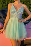 Sparkly Green A Line Tulle Mini Prom Dress with Sequins