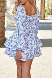 White and Blue Floral Tiered V-Neck Mini Prom Dress with Ruffles