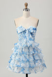 White and Blue Floral Ruffled Strapless Tiered Short Prom Dress with Bow
