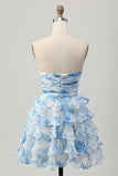 White and Blue Floral Ruffled Strapless Tiered Short Prom Dress with Bow