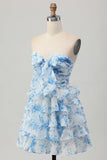 White and Blue Floral Ruffled Strapless Tiered Short Prom Dress with Bow