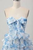 White and Blue Floral Ruffled Strapless Tiered Short Prom Dress with Bow