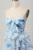 White and Blue Floral Ruffled Strapless Tiered Short Prom Dress with Bow