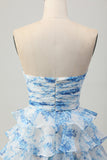 White and Blue Floral Ruffled Strapless Tiered Short Prom Dress with Bow