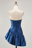 Dark Blue Metallic Strapless Corset Asymmetrical Cocktail Dress