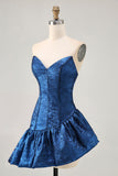 Dark Blue Metallic Strapless Corset Asymmetrical Cocktail Dress