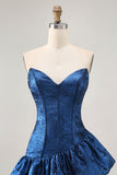 Dark Blue Metallic Strapless Corset Asymmetrical Cocktail Dress