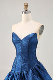 Dark Blue Metallic Strapless Corset Asymmetrical Cocktail Dress