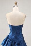Dark Blue Metallic Strapless Corset Asymmetrical Cocktail Dress