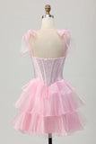 Sparkly Pink Corset Tiered Ruffled Short Prom Dress with Beading