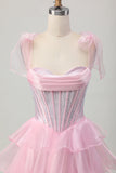 Sparkly Pink Corset Tiered Ruffled Short Prom Dress with Beading