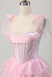 Sparkly Pink Corset Tiered Ruffled Short Prom Dress with Beading