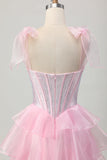 Sparkly Pink Corset Tiered Ruffled Short Prom Dress with Beading