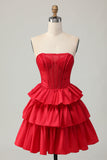 Sparkly Red Ruffled Corset A Line Short Prom Dress with Bow
