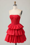 Sparkly Red Ruffled Corset A Line Short Prom Dress with Bow