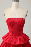 Sparkly Red Ruffled Corset A Line Short Prom Dress with Bow
