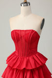 Sparkly Red Ruffled Corset A Line Short Prom Dress with Bow