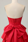 Sparkly Red Ruffled Corset A Line Short Prom Dress with Bow