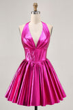 Fuchsia Metallic Halter A Line Short Corset Backless Prom Dress