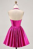 Fuchsia Metallic Halter A Line Short Corset Backless Prom Dress
