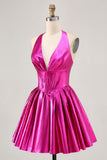 Fuchsia Metallic Halter A Line Short Corset Backless Prom Dress