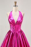 Fuchsia Metallic Halter A Line Short Corset Backless Prom Dress