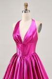Fuchsia Metallic Halter A Line Short Corset Backless Prom Dress