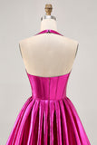 Fuchsia Metallic Halter A Line Short Corset Backless Prom Dress