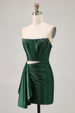 Sparkly Dark Green Corset Tight Short Cocktail Dress with Sash