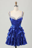 Royal Blue Metallic Corset Ruffled Short Prom Dress with Bows