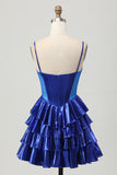 Royal Blue Metallic Corset Ruffled Short Prom Dress with Bows