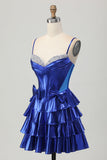 Royal Blue Metallic Corset Ruffled Short Prom Dress with Bows