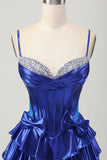 Royal Blue Metallic Corset Ruffled Short Prom Dress with Bows