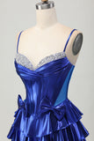 Royal Blue Metallic Corset Ruffled Short Prom Dress with Bows