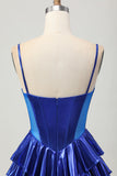 Royal Blue Metallic Corset Ruffled Short Prom Dress with Bows