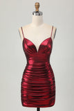 Burgundy Short Tight Ruched Spaghetti Straps Metallic Prom Dress