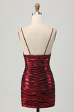 Burgundy Short Tight Ruched Spaghetti Straps Metallic Prom Dress