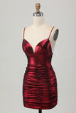 Burgundy Short Tight Ruched Spaghetti Straps Metallic Prom Dress