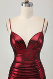 Burgundy Short Tight Ruched Spaghetti Straps Metallic Prom Dress